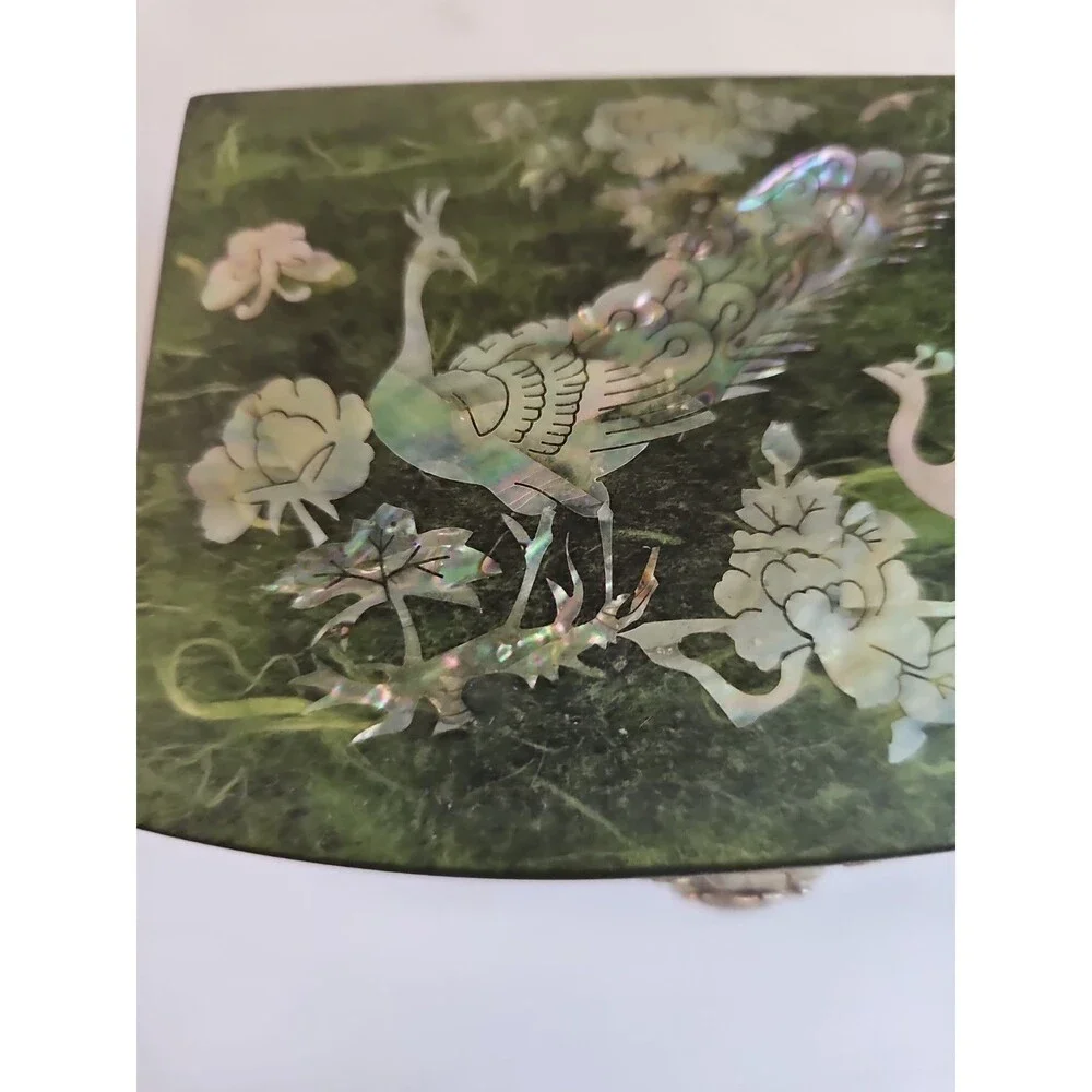 Vintage Korean Mother Of Pearl Lacquer Jewelry Box Peacock and Flower Inlay